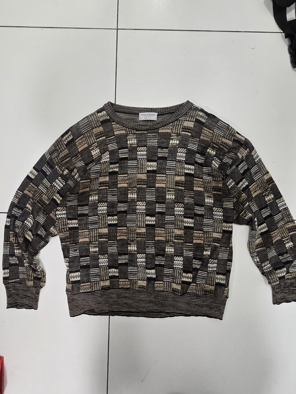 Tricots St. Raphael USA Made 🇺🇸Brown Multi-Pattern Crewneck Sweater Large